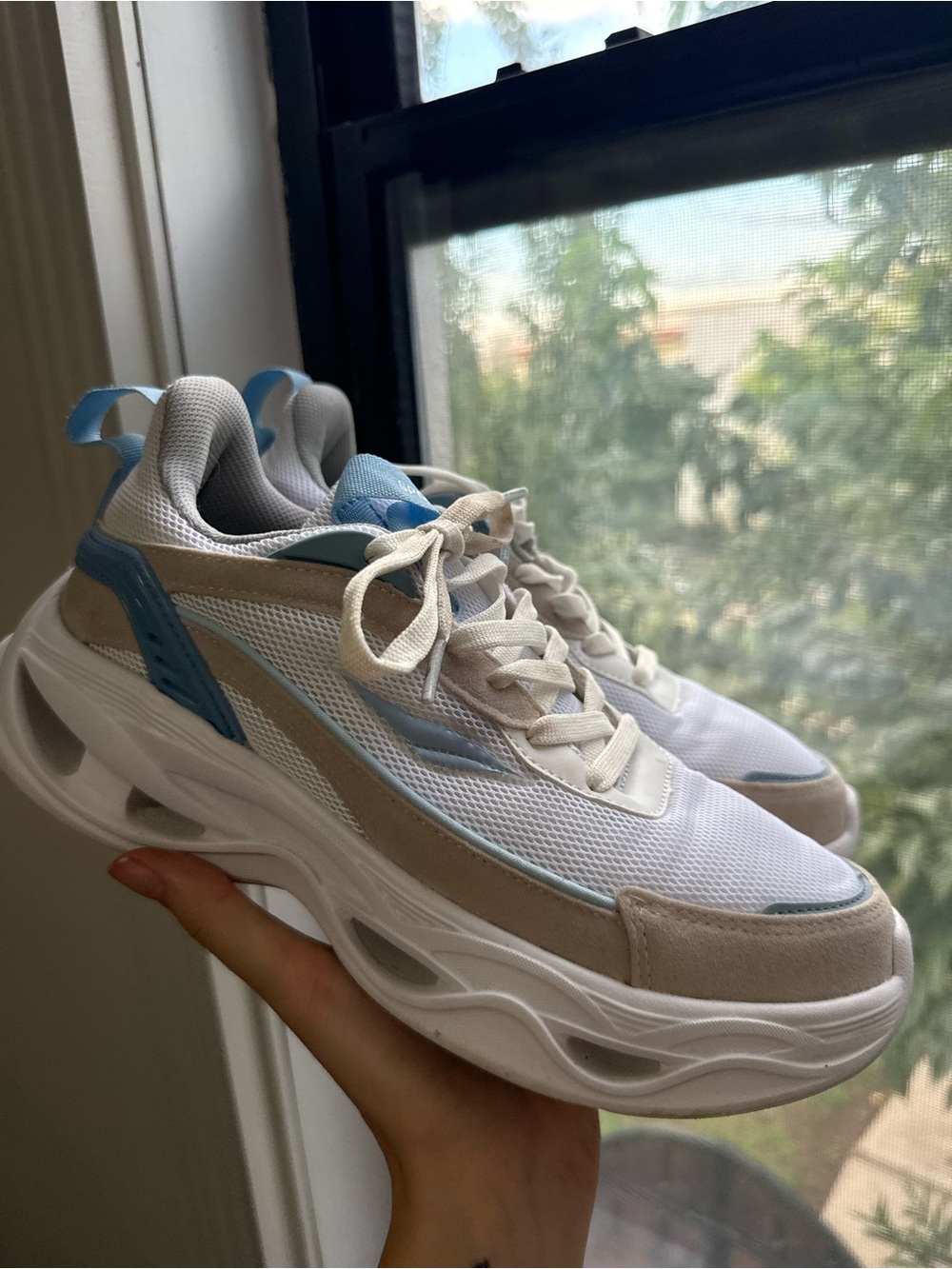 Chunky Lace-Up Women's Sneakers in White, Light Blue and Beige